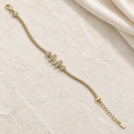 14K Altın Renginde M Harfli Taşlı Yılan Zincir  Kadın Bileklik +5cm Uzatma