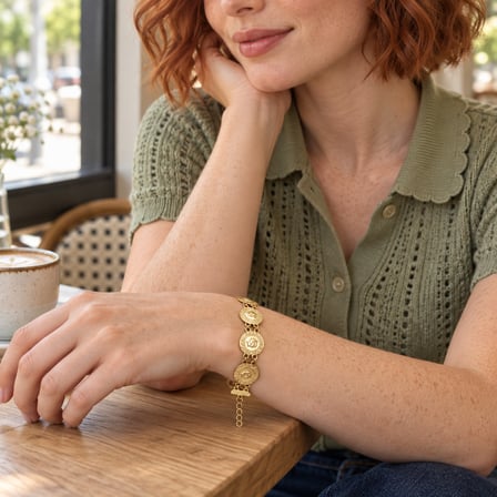 14 Ayar Altın Kaplama Çeyrek Motifli Kuyumcu Model Kadın Bileklik – Ayarlanabilir Vintage Tasarım