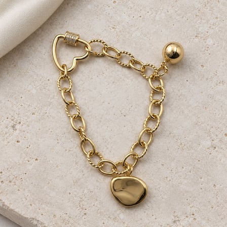 XP Özel Seri Amoré Kalp Kilitli Taş Detaylı Gold Renk Charm Zincir Vidalı Bağlantılı Kadın Bileklik 18 cm