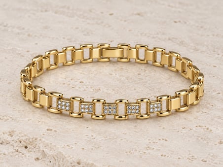 XP Özel Seri | Işıltı Rotası Gold Renk Taş Detaylı Geometrik Halkalı Kadın Bileklik 17,5 - 20 cm
