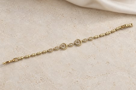 XP Özel Seri | Çifte Aura Gold Renk Işıltılı Taşlı Çift Halka Detaylı Zarif Kadın Bileklik - 17 - 19 cm