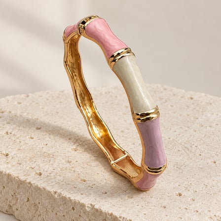 Pastel Rüya Bambu Model Mineli Kadın Kelepçe Bileklik – Pembe Lila ve Ekru, Altın Rengi Detaylı - 16,5 - 18 cm (60)