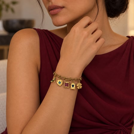 Moda Tılsımı Gold Renkli Mineli Charm Bileklik – Çanta, Topuklu Ayakkabı ve Yonca Figürlü Ayarlanabilir Kadın Bilekliği