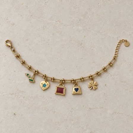 Moda Tılsımı Gold Renkli Mineli Charm Bileklik – Çanta, Topuklu Ayakkabı ve Yonca Figürlü Ayarlanabilir Kadın Bilekliği