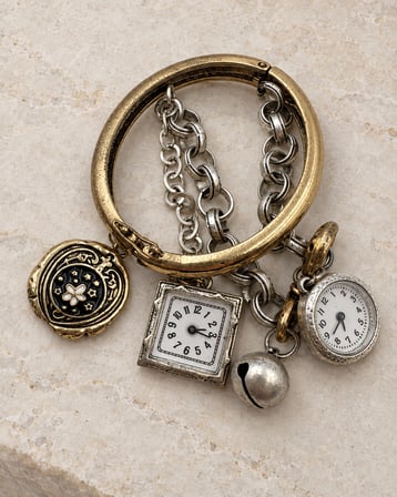 Zamanın Hazinesi ZRA Muadili Vintage Saat Figürlü Çift Renk Zincir Detaylı Kadın Kelepçe Bileklik - 16,5 - 18 cm (60)