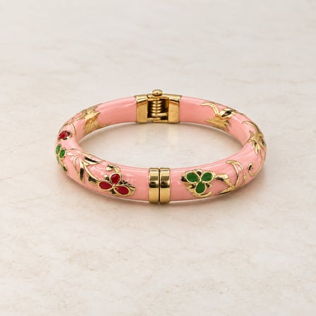 Flora Muse Pembe Mineli Çiçek Motifli Altın Renk 316L Paslanmaz Çelik Kadın Kelepçe Bileklik - 15 - 16,5 cm (57)
