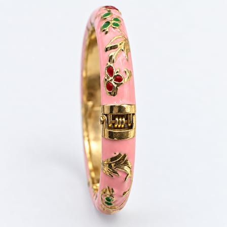Flora Muse Pembe Mineli Çiçek Motifli Altın Renk 316L Paslanmaz Çelik Kadın Kelepçe Bileklik - 15 - 16,5 cm (57)