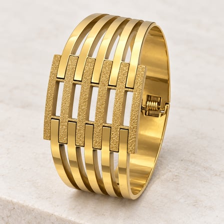 Altın Ritim Gold Renk Simli Kaburga Kelepçe Bilezik – Kuyumcu Model Kadın Bileklik - 16,5 - 18 cm (60)