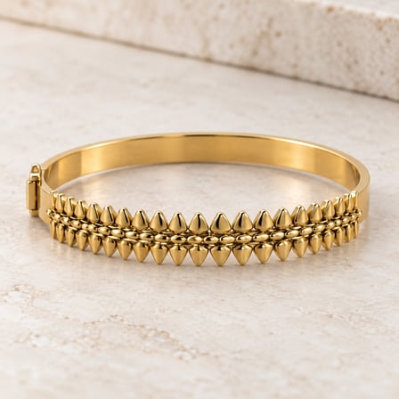 Solaris Çift Sıra Damla Detaylı Gold Renk 316L Paslanmaz Çelik Kadın Kelepçe Bileklik - 16,5 - 18 cm (60)