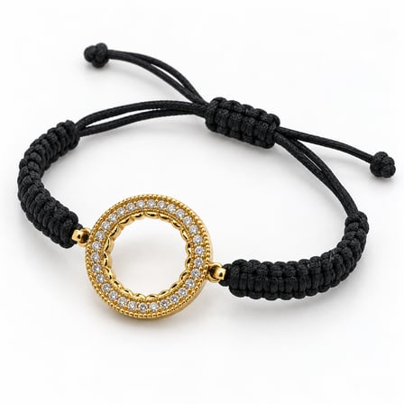 Noir Halo Gold Renk Taşlı Halka Detaylı Siyah Makrome Ayarlanabilir Kadın Bileklik - 16,5 - 18 cm (60)