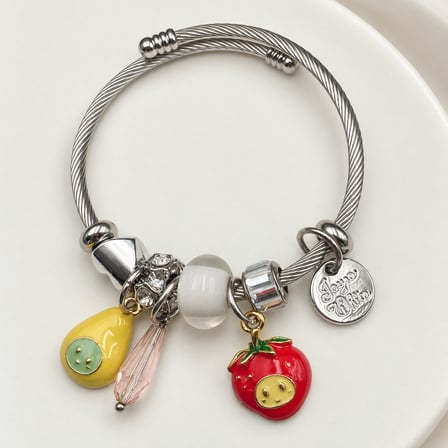 Fruity Pop 316L Paslanmaz Çelik Meyve Figürlü Charm Detaylı Gümüş Renk Kadın Kelepçe Bileklik - Ayarlanabilir