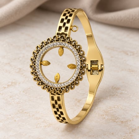 Liora Halo – 316L Paslanmaz Çelik Altın Rengi Taşlı Yaprak Detaylı Kadın Kelepçe Bileklik - 16,5 - 18 cm (60)