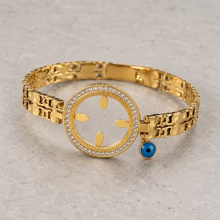 Aurelia Işıltısı Gold Çeyreklik Kelepçe Bileklik – 316L Paslanmaz Çelik, Taşlı ve Nazar Boncuklu - 16,5 - 18 cm (60)