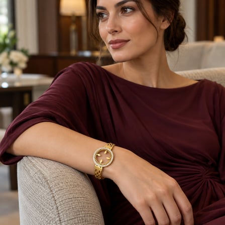 Dora’s Shine Aurelia Halo Ajur Desenli Çeyreklik 316L Paslanmaz Çelik Altın Renk Taşlı Kadın Kelepçe Bileklik - (60 Numara) - 17,5 - 19 cm