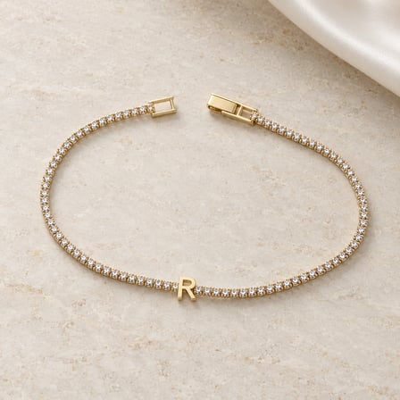 Dora's Shine Lumière R Harfli Paslanmaz Çelik Gold Renk İnce Sıra Taşlı Kadın Bileklik - 17,5 - 19,5 cm Ayarlanabilir