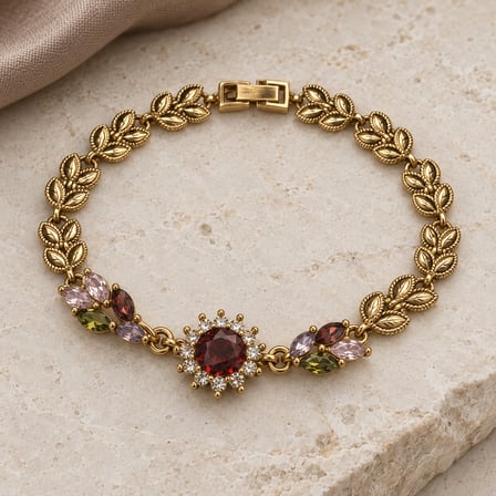 Dora’s Shine Saray Bahçesi Kırmızı Merkez Taşlı, Renkli Markiz Taşlı ve Yaprak Motifli 14k Altın Kaplama Kadın Bileklik - 19,5 cm