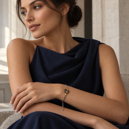 Dora’s Shine Noir Love Siyah Kalp Figürlü Paslanmaz Çelik Kadın Bileklik – Gold Detaylı İnce Yılan Zincir, Ayarlanabilir