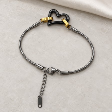 Dora’s Shine Noir Love Siyah Kalp Figürlü Paslanmaz Çelik Kadın Bileklik – Gold Detaylı İnce Yılan Zincir, Ayarlanabilir