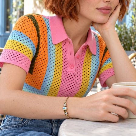 Dora’s Shine Blue Aura Beyaz Nazar Boncuklu Işıltılı Taş Detaylı Altın Renk Paslanmaz Çelik Kadın Bileklik