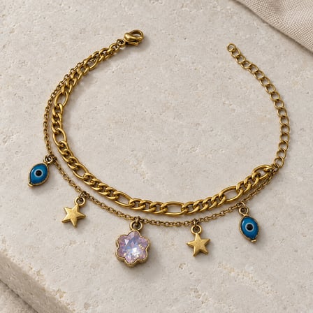 Dora’s Shine Lila Tılsım Nazar Boncuklu, Çiçek ve Yıldız Detaylı Çift Sıra Altın Renk Kadın Bileklik