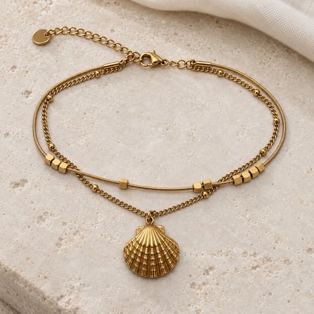 Dora’s Shine Neria Deniz Kabuğu Figürlü Çift Zincirli Gold Renk Paslanmaz Çelik Kadın Bileklik