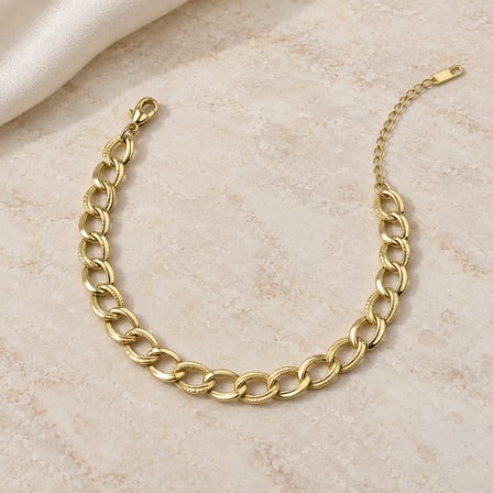 Dora’s Shine | Aura Gold 14k Altın Kaplama, Altın Renk Çift Konturlu Oval Halkalı Dokulu Zincir Kadın Bileklik
