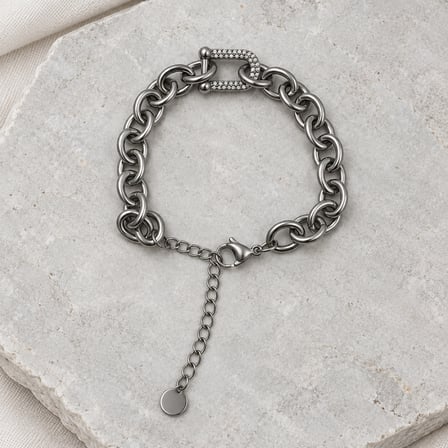 Dora’s Shine Silver Aura Paslanmaz Çelik Taşlı U Detaylı Gümüş Renk Oval Zincir Kadın Bileklik