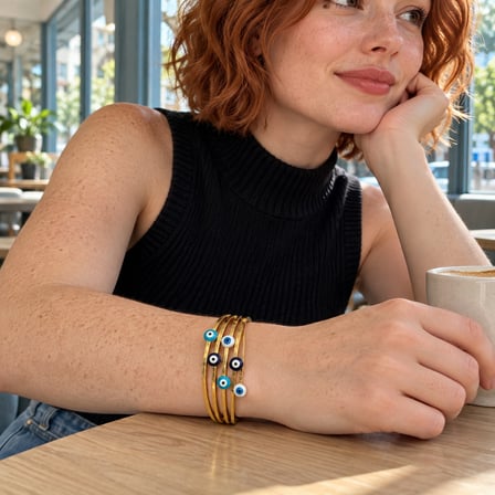 Dora's Shine Nazar Aurası Paslanmaz Çelik Altın Renk Çok Sıralı Mavi Nazar Boncuğu Detaylı Kadın Kelepçe Bileklik - 60 numara 17,5 - 19 cm