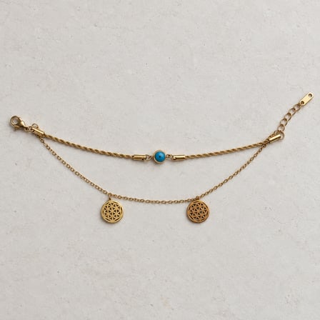 Dora’s Shine Azure Geometrik Motifli Mavi Boncuk Detaylı Çift Sıra Altın Renk Kadın Bileklik