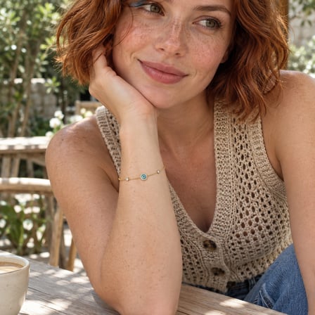 Dora’s Shine Blue Aura Paslanmaz Çelik Turkuaz Nazar Boncuklu Taşlı Altın Renk İnce Zincir Kadın Bileklik