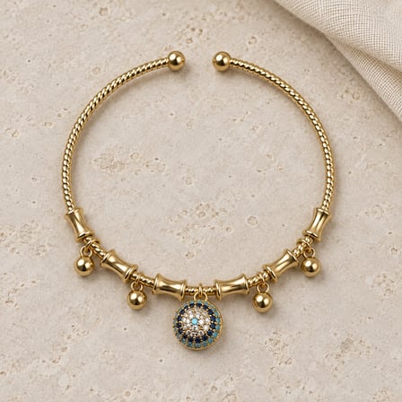 Dora’s Shine Mavi Aura Nazar Motifli Taşlı ve Sallantılı Gold Renk Açık Kelepçe Kadın Bileklik