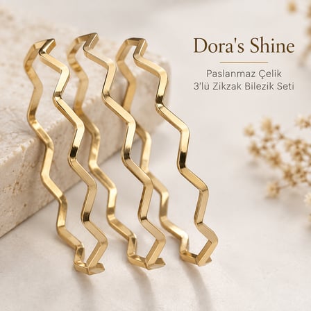 Dora’s Shine Vela 3’lü Zikzak Form Paslanmaz Çelik Altın Renk Kadın Bilezik Seti - 63 numara - 18,5 - 20 cm