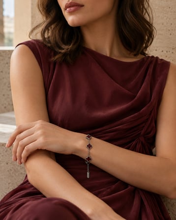 Dora’s Shine Burgundy Charm Bordo Beş Yoncalı Paslanmaz Çelik Gümüş Renk Ayarlanabilir Kadın Bileklik