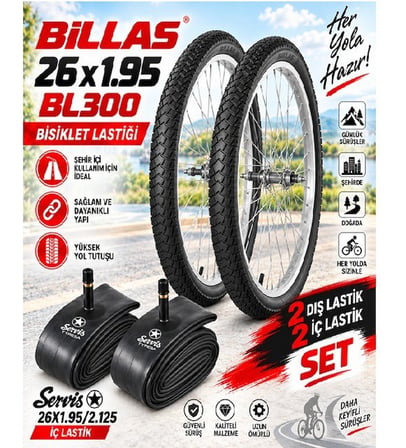 Billas 26X1.95 DIŞ LASTİK BL300 Bisiklet Lastiği + İç Lastik Servis Marka(2 ŞER ADET TAKIM)