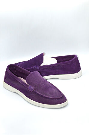Kadın Mor Hakiki Süet Deri Babet Ayakkabı - SMX-0243