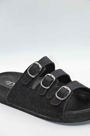 Kadın Siyah Simli Üç Toka Günlük Anatomik Terlik