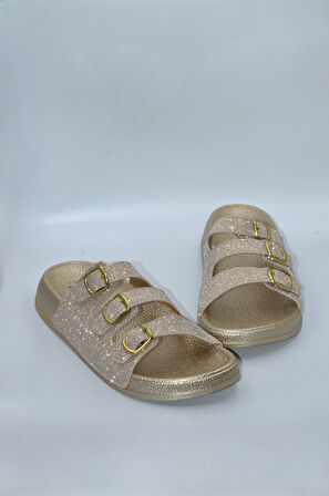 Kadın Gold Simli Üç Toka Günlük Anatomik Terlik