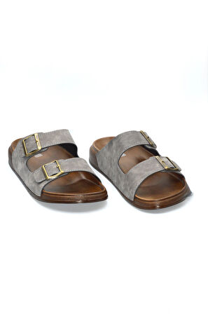 Erkek Gri Çift Bantlı Anatomik Günlük Terlik