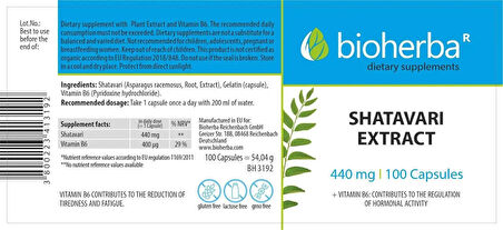 BİOHERBA SHATAVARI Hint Kuşkonmazı şatavari asparagusracemosus EXTRACT 440 mg 100 capsules