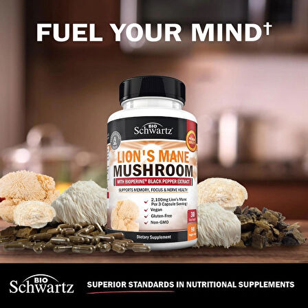BioSchwartz Organic Lions Mane Mushrooms with BioPerine Nootropic Brain Memory Focus 90 Caps