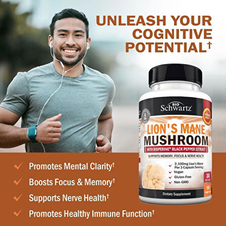 BioSchwartz Organic Lions Mane Mushrooms with BioPerine Nootropic Brain Memory Focus 90 Caps