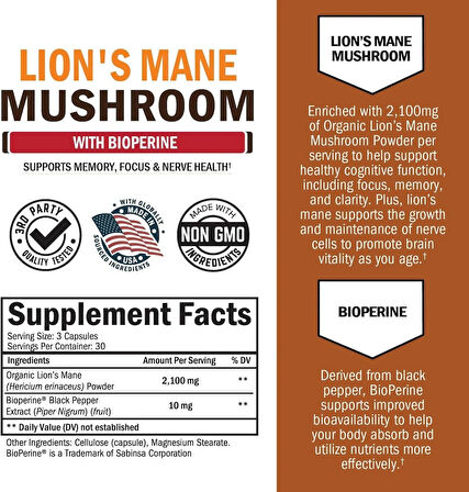 BioSchwartz Organic Lions Mane Mushrooms with BioPerine Nootropic Brain Memory Focus 90 Caps