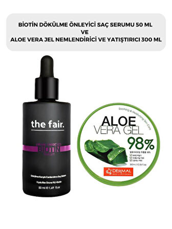 Biotin Dökülme Önleyici Saç Serumu 50 ml ve  Dermal %98 Aloe Vera Jel Saç Cilt ve Vücut İçin Nemlendirici ve Yatıştırıcı 300 ml