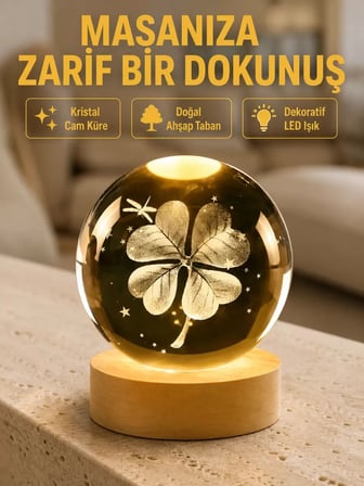 Bitki Temalı Led Işıklı Cam Küre Ahşap Standlı Modern Gece Lambası