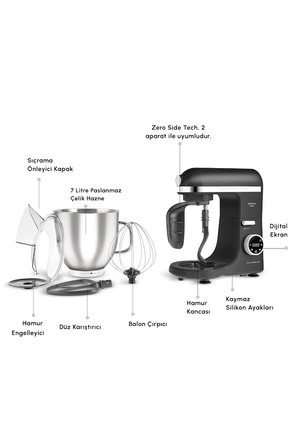 Mastermaid Chef Ultra 2000W Yüksek Güç 7Litre Kapasiteli Dijital Ekranlı Siyah Hamur Yoğurma Makine