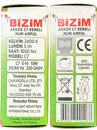 Bizim 10W Beş Farklı Renk (Kırmızı, Sarı, Mavi, Yeşil, Günışığı) E14 Duylu Dim Edilebilir Mum Ampul (Toplam 10 Adet)