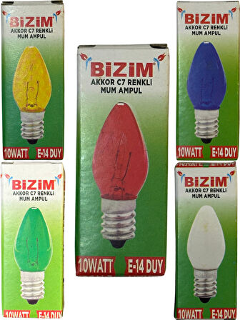 Bizim 10W Beş Farklı Renk (Kırmızı, Sarı, Mavi, Yeşil, Günışığı) E14 Duylu Dim Edilebilir Mum Ampul (Toplam 5 Adet)