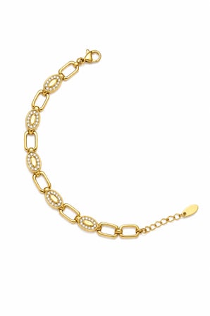 Balenbi Jewelry 14K Gold Paslanmaz Çelik Oval Zincir Zirkon Taşlı Kadın Bileklik 1215