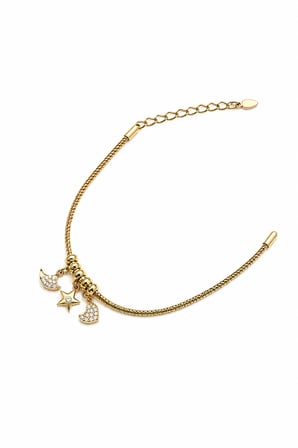 Balenbi Jewelry 14K Gold Paslanmaz Çelik Charm Detaylı Yılan Zincir Ayarlanabilir Kadın Bileklik 1250