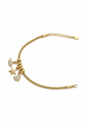 Balenbi Jewelry 14K Gold Paslanmaz Çelik Charm Detaylı Yılan Zincir Ayarlanabilir Kadın Bileklik 1250